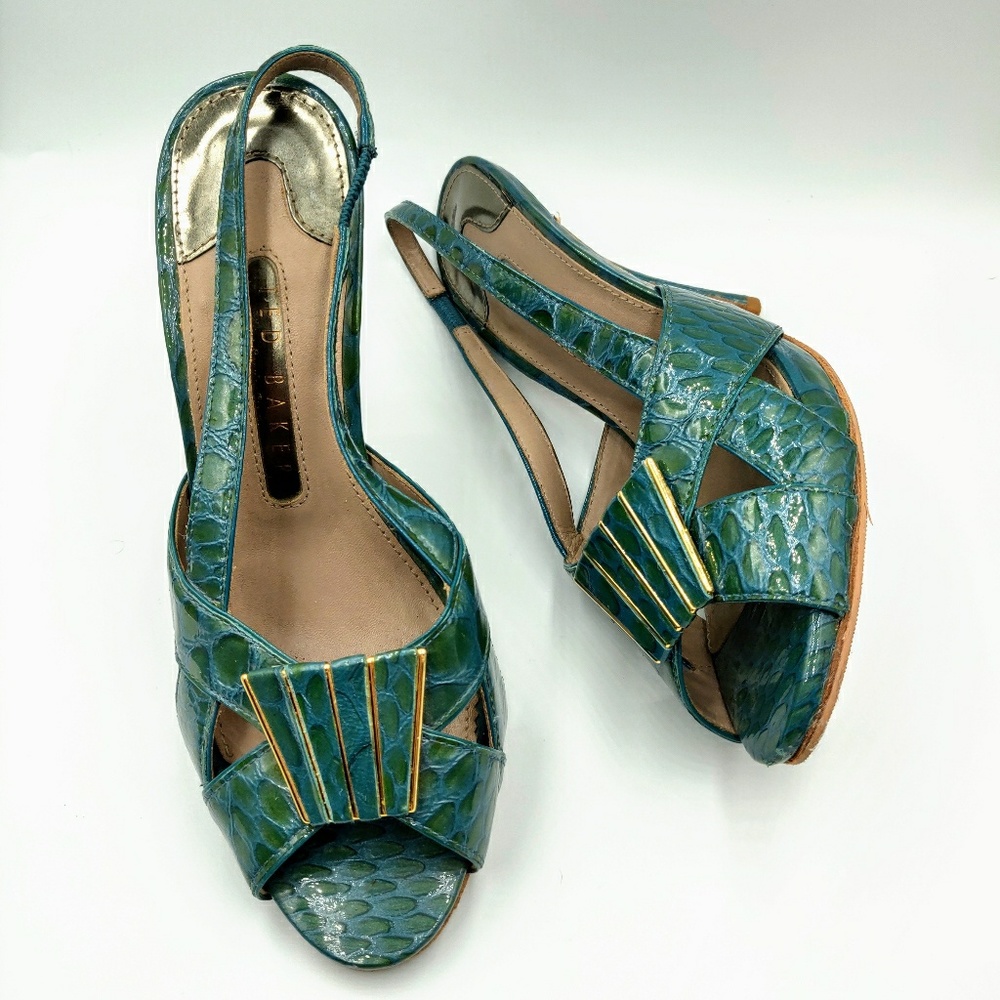 TED BAKER Art Deco Faux Croc Sling Back Heels 7.5